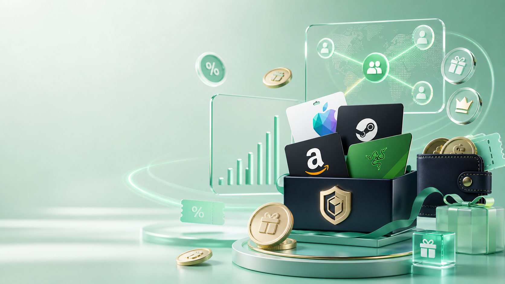 Premium reward ecosystem scene with gift cards, referral network, coins, and bonus icons