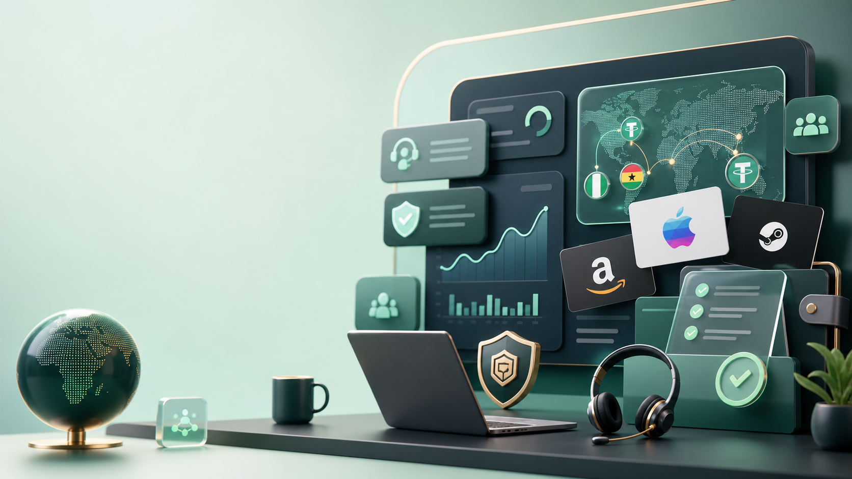 Premium fintech operations scene with support, security, payout workflow, and gift card trading dashboards