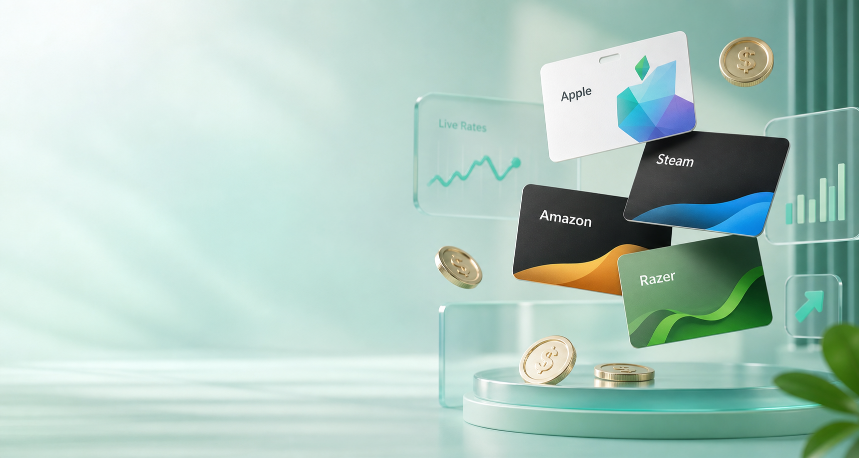 Apple, Steam, Amazon and Razer gift cards floating in a premium Kob Card scene